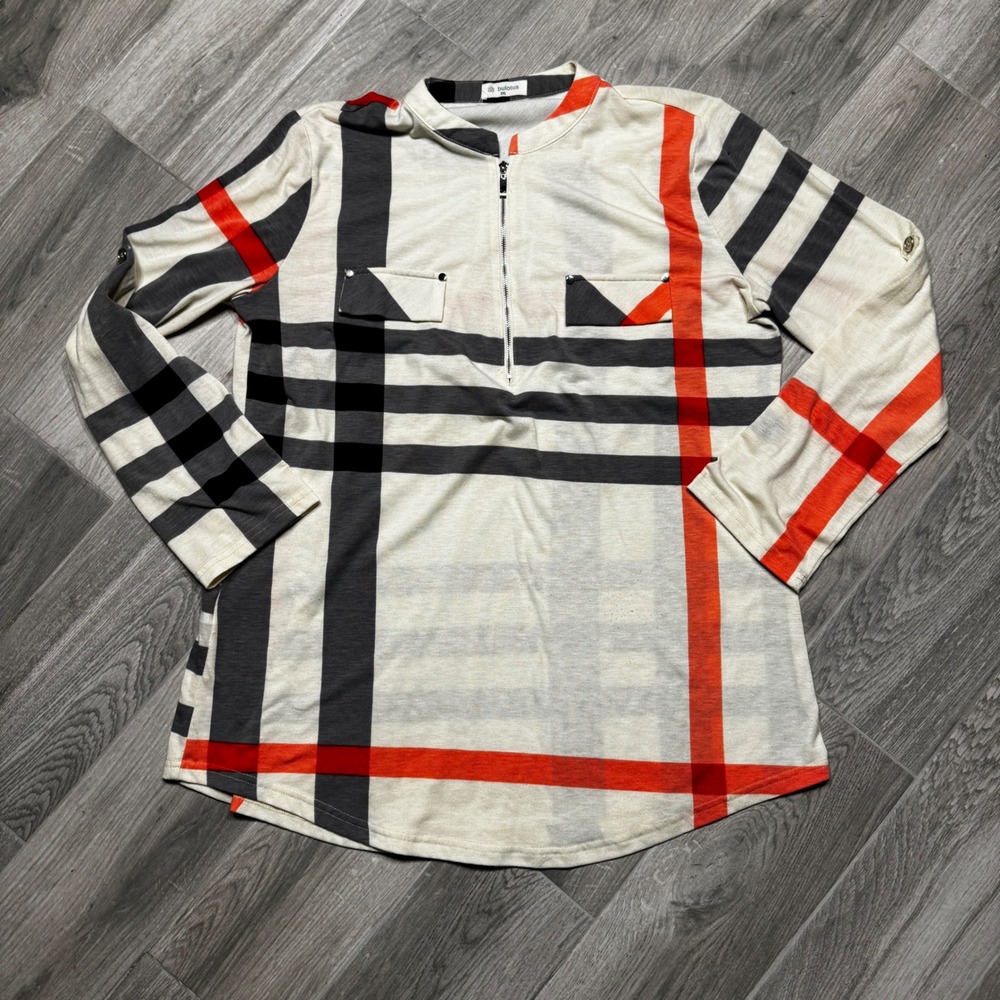 Bulotus Womens 2XL Plaid Quarter Zip Tunic Top Orange Black Long Sleeve Blouse